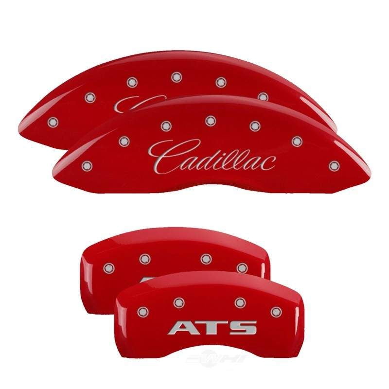 MGP 4 Caliper Covers Engraved Front Cadillac Engraved Rear ATS Red finish silver ch Fits select: 2015-2017 CADILLAC ATS LUXURY, 2018 CADILLAC ATS-V