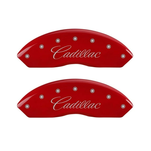 MGP 4 Caliper Covers Engraved Front Cursive/Cadillac Engraved Rear SRX Red finish silver ch Fits select: 2005-2011 CADILLAC STS