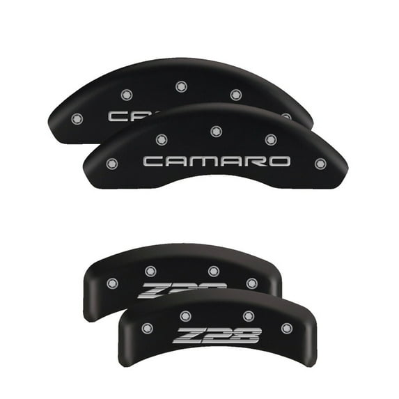 MGP 4 Caliper Covers Engraved Front Cursive/Challenger Engraved Rear RT Black finish silver ch Fits select: 2016-2019 DODGE CHARGER SXT, 2012-2019 DODGE CHALLENGER SXT