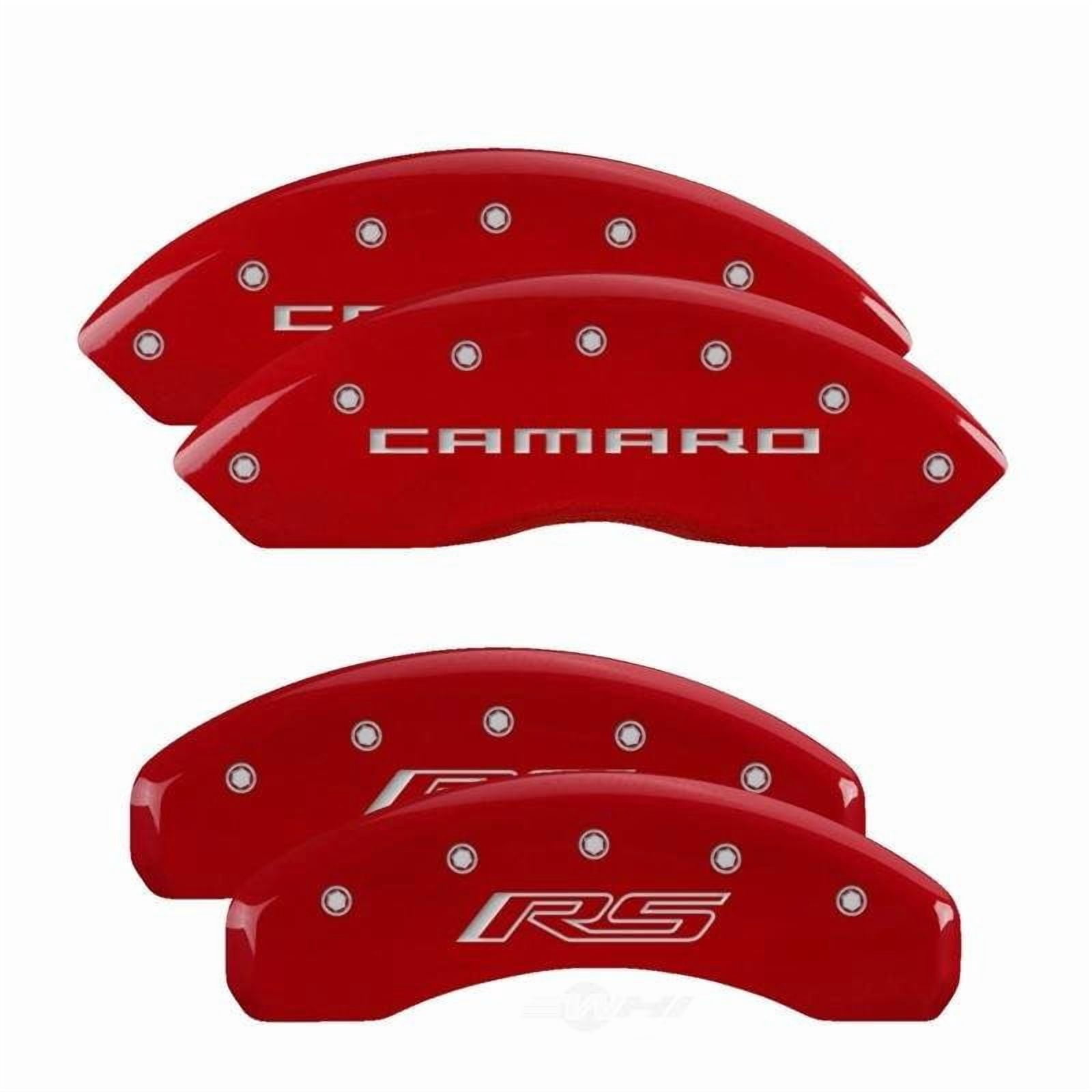 MGP 4 Caliper Covers Engraved Front Gen 5/Camaro Engraved Rear Gen 5/RS Red finish silver ch Fits select: 2017 CHEVROLET CAMARO LS/LT, 2018 CHEVROLET CAMARO LT