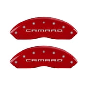 MGP 4 Caliper Covers Engraved Front Gen 5/Camaro Engraved Rear Gen 5/RS Red finish silver ch Fits select 2017 CHEVROLET CAMARO LS/LT, 2018 CHEVROLET CAMARO LT