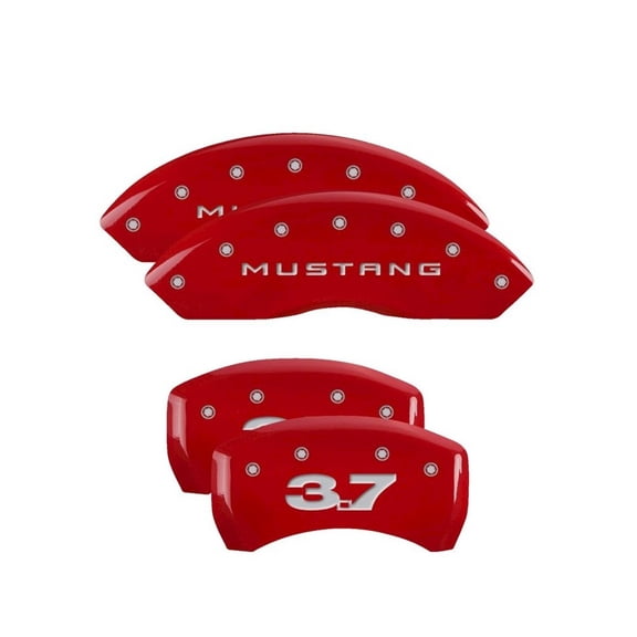 MGP 4 Caliper Covers Engraved Front Mustang Engraved Rear 37 Red finish silver ch Fits select: 2010-2014 FORD MUSTANG