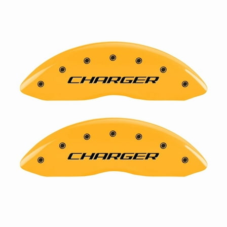 MGP 4 Caliper Covers Engraved Front & Rear Block/Charger Yellow finish black ch Fits select: 2016-2019 DODGE CHARGER SXT, 2012-2019 DODGE CHALLENGER SXT