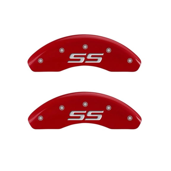 MGP 4 Caliper Covers Engraved Front & Rear Monte Carlo style/SS Red finish silver ch Fits select: 2000-2005 CHEVROLET IMPALA, 2004 CHEVROLET MONTE CARLO SS SUPERCHARGED
