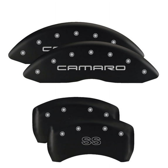 MGP 4 Caliper Covers Engraved Front & Rear With stripes/Dodge Black finish silver ch Fits select: 2016-2019 DODGE CHARGER SXT, 2012-2019 DODGE CHALLENGER SXT