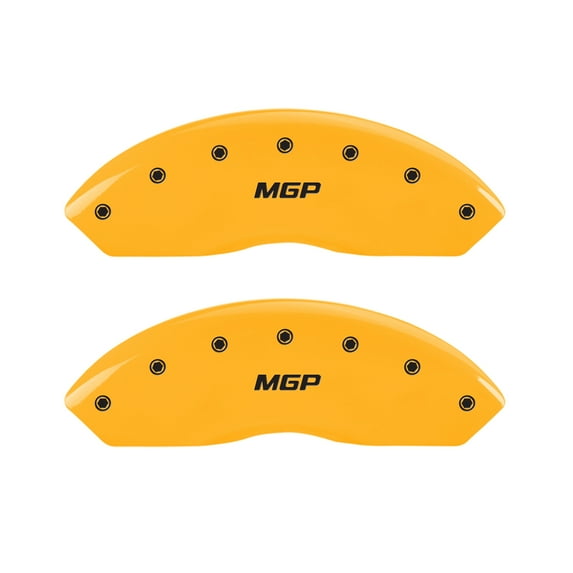 Set of 4 caliper covers, Engraved Front and Rear: MGP, Yellow powder coat finish, black characters
