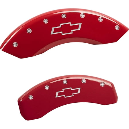 MGP Caliper Covers Caliper Cover Compatible With Chevrolet Suburban and Chevrolet Tahoe, Red Brake Caliper Covers, Chevy Bowtie Logo Engraved with Silver (4-Pack) 14234SBOWRD