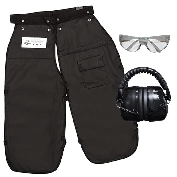 MGP SUPPLY Black 35” Chainsaw Chaps for Men with Forester Ear Muffs, Apron-Style Men's Chain Saw Chaps with Pocket & Adjustable Waist, Includes Safety Glasses, Chainsaw Safety Equipment