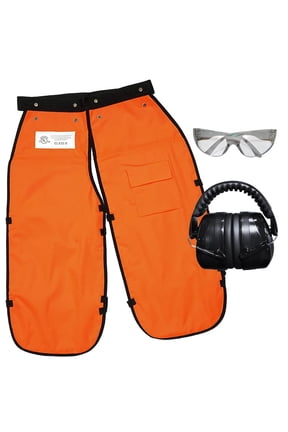 Orange 35” Chainsaw Chaps for Men with Forester Ear Muffs, Apron-Style Men's Chain Saw Chaps with Pocket & Adjustable Waist, Includes Safety Glasses, Chainsaw Safety Equipment