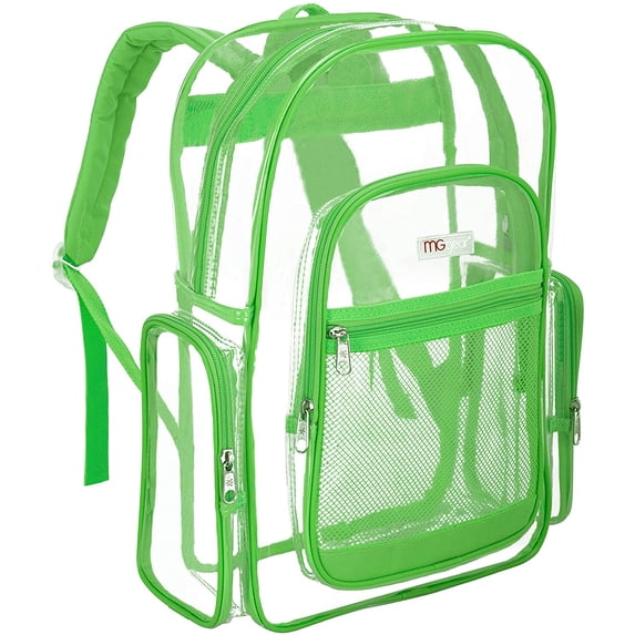 MGgear Transparent PVC School Backpack with Green Trim, Clear Book Bag, Unisex