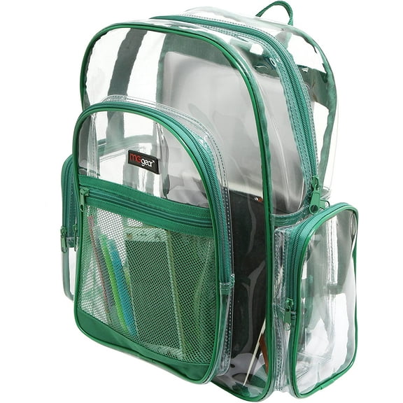 MGgear Transparent PVC School Backpack with Green Trim, Clear Book Bag, Unisex