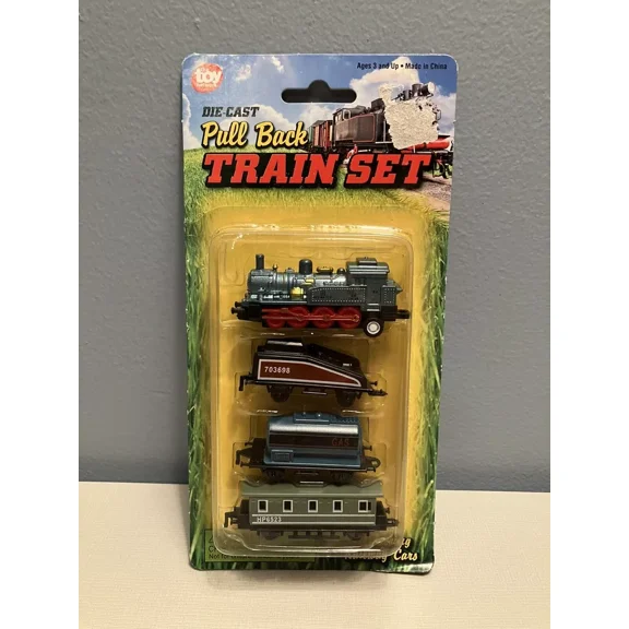 MH 447 Die-Cast Pull Back Train With Blue Locomotive & (3) Cars Brand New