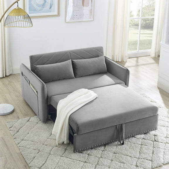 MH Grey Velvet Sleeper Sofa Bed w/USB, 3-in-1 Adjustable Pull-Out Couch, High-Density Foam, 2 Lumbar Pillows, Side Pocket - Perfect for Living Room & Bedroom