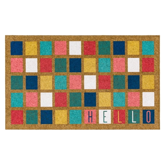 Mohawk Home Squares Hello All Weather Low Pile Indoor/Outdoor Non-Slip Doormat, Tan, 18" x 30"