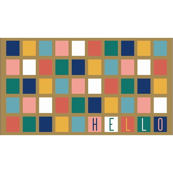 Mohawk Home Squares Hello All Weather Low Pile Indoor/Outdoor Non-Slip Doormat, Tan, 18" x 30"