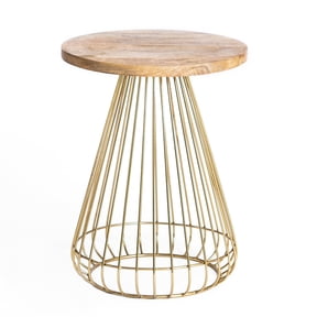 Melody Solid Mango Wood Round End Table with Metal Wire Base, Modern Accent Side Table for Living Room or Bedroom, 20 in Height, Natural Top Black Base