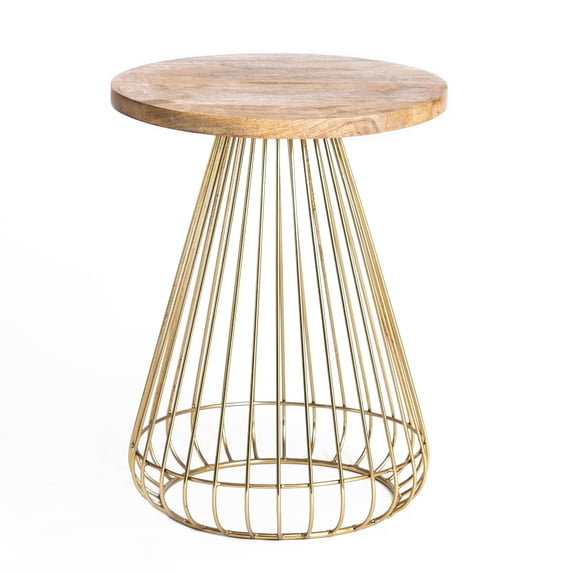 Melody Solid Mango Wood Round End Table with Metal Wire Base, Modern Accent Side Table for Living Room or Bedroom, 20 in Height, Natural Top Black Base