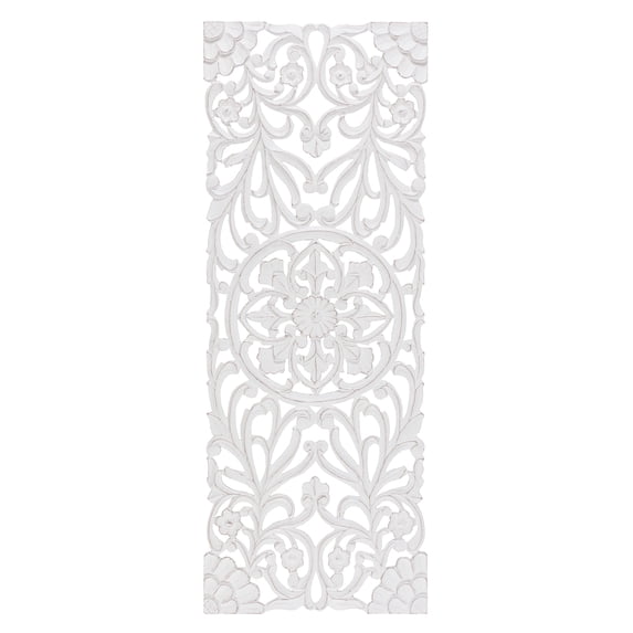 MH London Avril White Wall Medallion Panel, Hand Carved Floral Wall Decor for Living Room Bedroom or Home Interior Styling, 18 x 48 in, Distressed White