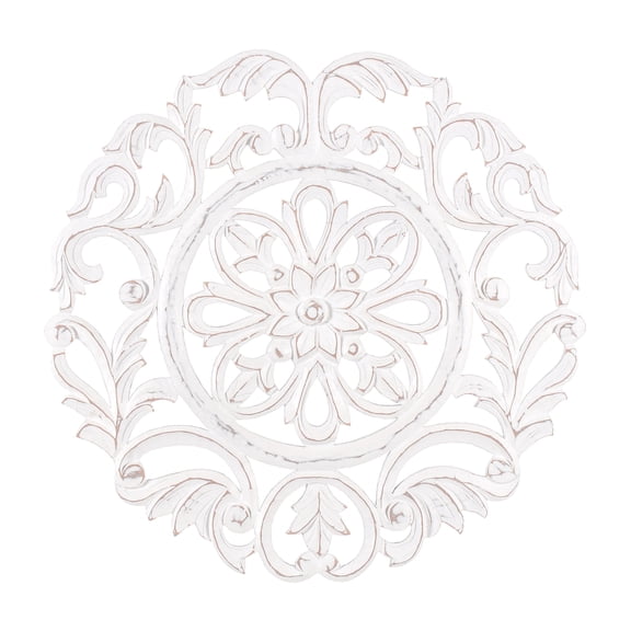 MH London Charles Round Wall Medallion Wall Decor, Hand Carved Floral Design, Engineered Wood, 23.5 Inch Diameter, Distressed White
