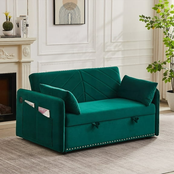 MH Sleeper Sofa Bed - 3-in-1 w/USB! 2 Pillows & Side Pocket. Velvet, Ideal for Living/Room. 3 Pos Backrest!