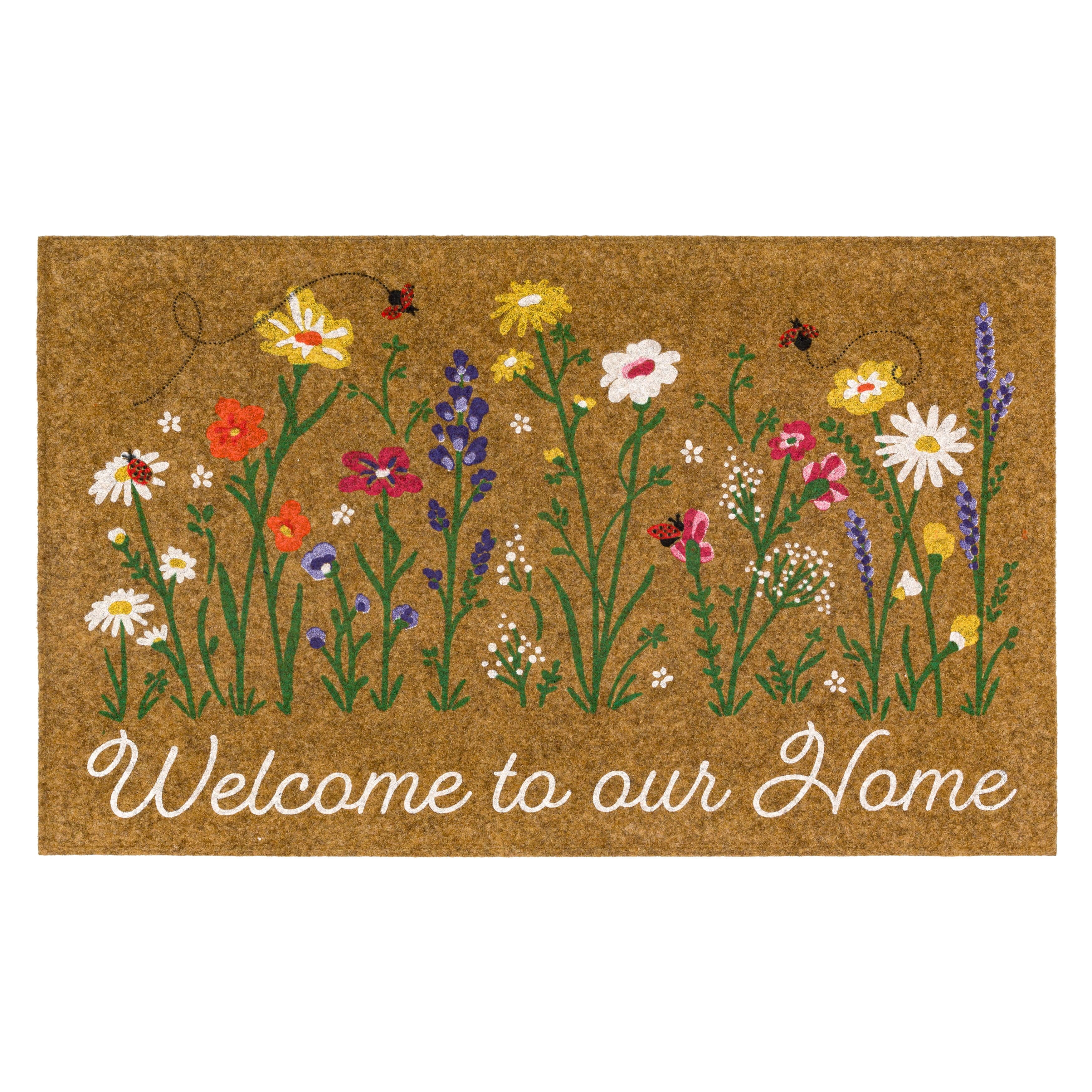 Floral Welcome to our Home Ladybug All Weather Moisture Absorbent Low Pile Doormat, Tan, 18" x 30"