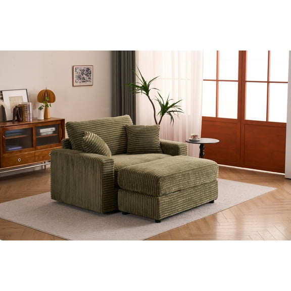 MH100 2" L-Shaped Convertible Sofa with Ottoman, Green Linen Fabric Sectional Couch - Modular Sofa Set with 5 Cushions & 4 Lumbar Pillows for Living Room, Apartment, Office