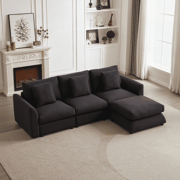 MH102 - 102.2 Inch Living Room Sofa Set with Ottoman, Plastic Legs, 3 Cushions & 3 Pillows, Easy Assembly, Suitable for Small Spaces (Black)