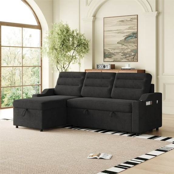 MH83.5" Convertible Sleeper Combo Sofa, Convertible Sofa Bed Polyester Pullout Bed With Storage Recliner And Cup Holder For Living Room, Tight Spaces,Black