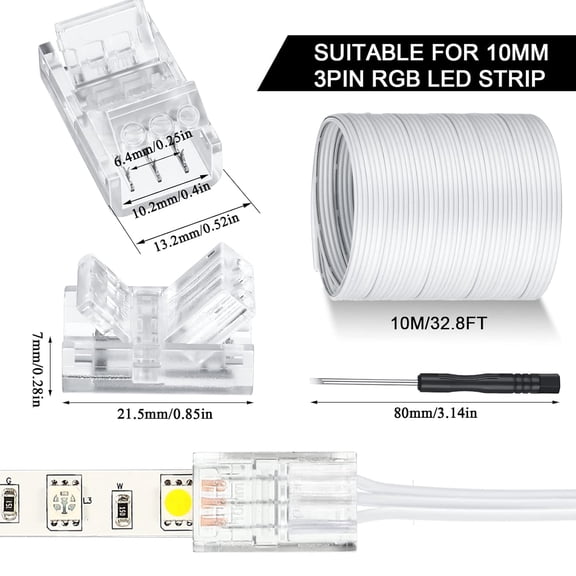 MHAWBL-10 Pcs LED Strip Connectors 32.8ft RGB Extension Cable Wire Cord Kit Transparent Solderless Track Lighting Connector for Waterproof or Non Waterproof LED RGB Strip Light