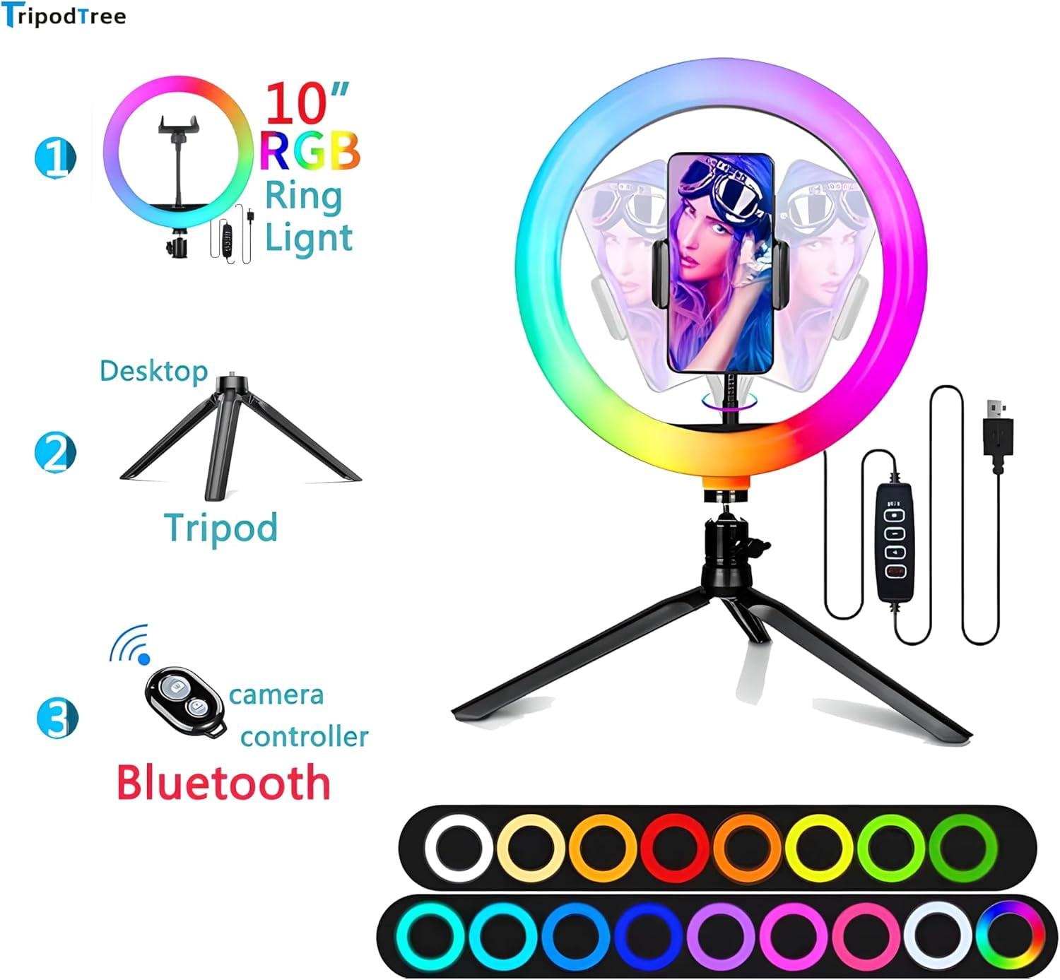 MHAWBL-10" Selfie Ring Light with 4" Desktop Tripod Stand & 1 Phone Holder, LED Ringlight with Dimmable Modes(RGB) for Makeup/Photography/Videos/Vlog/TikTok (STDLR10-V2)
