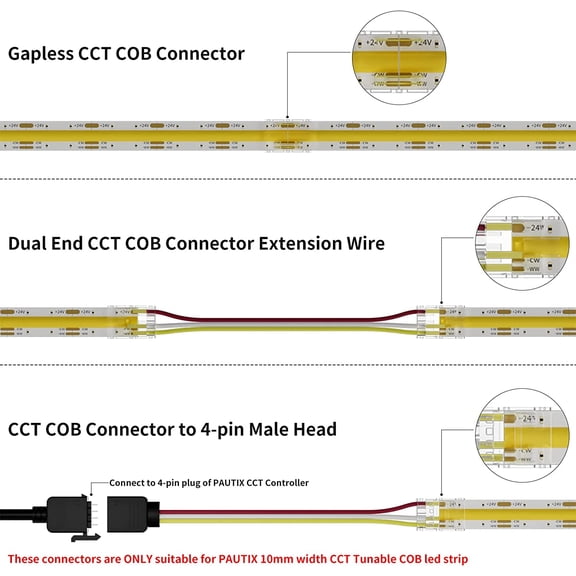 MHAWBL-10mm Connectors for CCT COB LED Strip Light 3 Pin Solderless Terminal Extension Connection Kit,4pcs Dual End Extension Connectors,2pcs Strip to DC Plug Extension Wire,4pcs Gapless Connectors