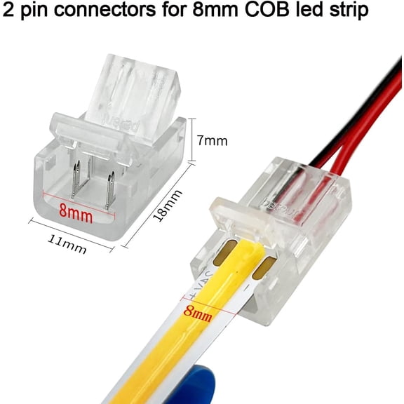 MHAWBL-12 Pack 8mm Cob Led Strip Light Connectors 2 Pin, Led Strip to Wire Solderless Transparent Track Lighting Adapter Connection with 6M/19.68ft Led Wire Extension Cable for White Led Tape 12/24V