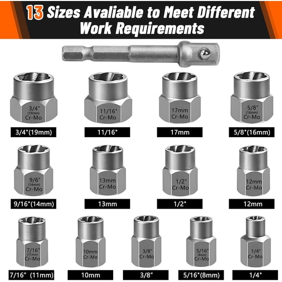 MHAWBL-14PCS Premium Bolt Extractor Kit, Stripped Bolt Extractor Socket Set with 3/8 Inch Adapter, Easy Out Lug Nut Remover for Rusted, Rounded, Damaged Nuts Screws