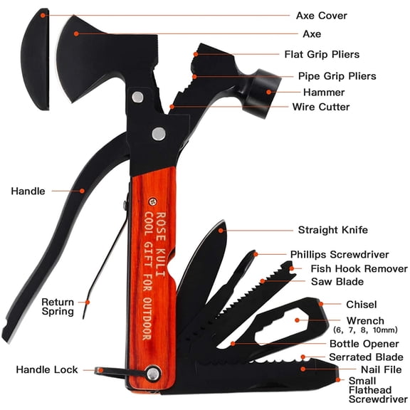 MHAWBL-18 in 1 Multitool Camping Axe Hatchet Gift for Men Women - Hammer Saw Screwdrivers Pliers