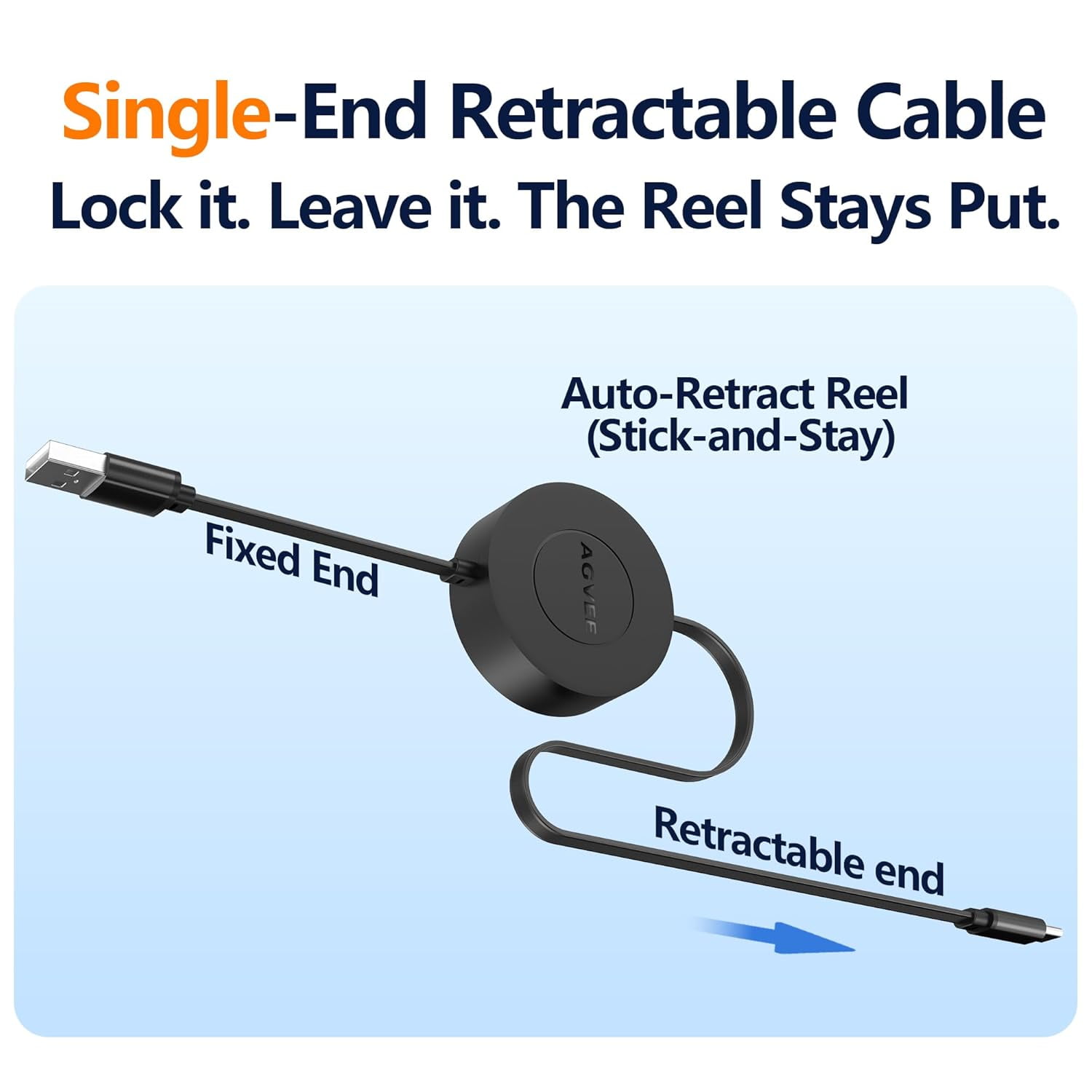 MHAWBL-1ft Fixed / 2.3ft Extend USB-A to C Charger Cable Mountable One Way Retractable 2.4A Fast Charging Cord, Pocket-Sized for iPhone 16 15, Samsung, Android, Desk Organizer, Black