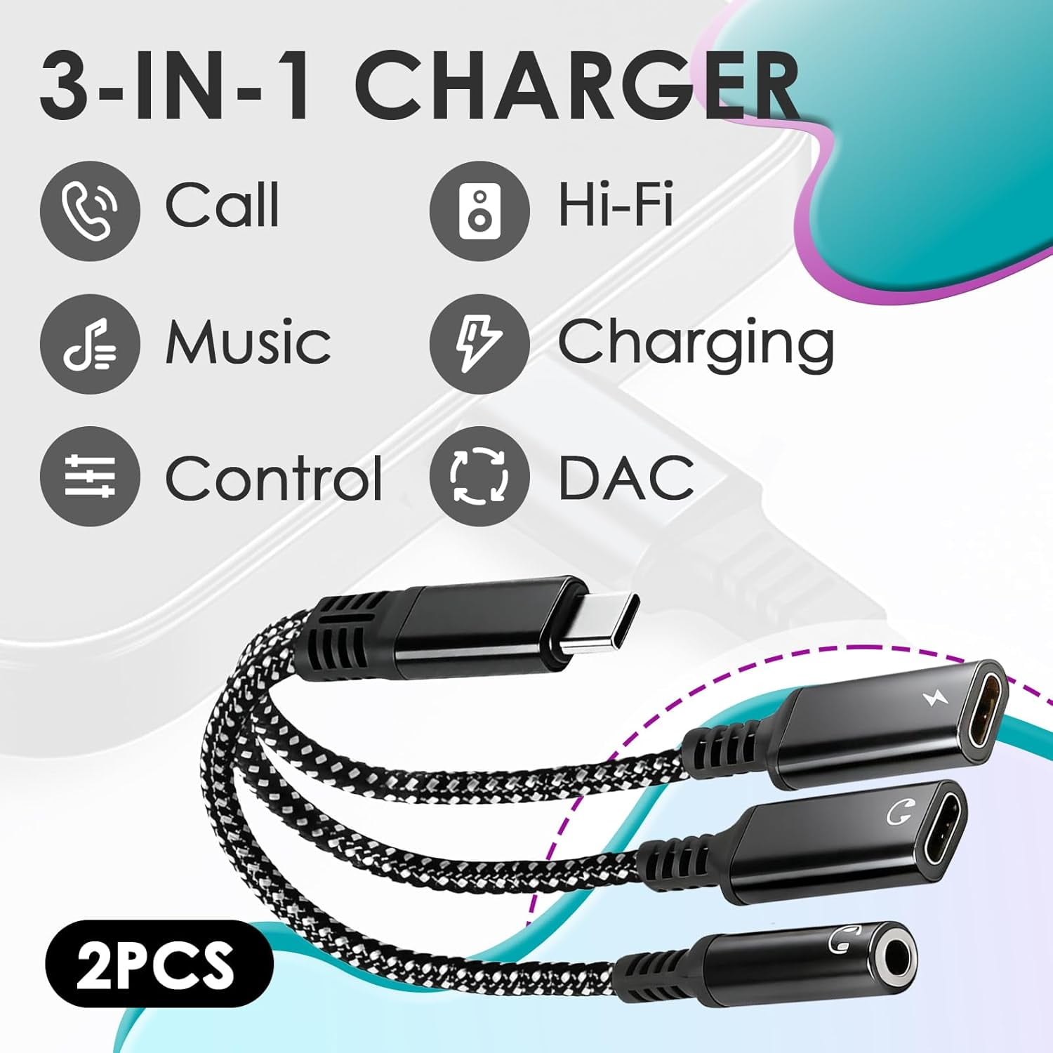 MHAWBL-2 Pcs 3 in 1 Dual Type C Aux Splitter Charger, USB C to 3.5mm Headphone and Charger Adapter, Fits for iPhone 15/16 Pro/Max/Plus, Samsung Galaxy S22/S23/S24 UltraHuawei Mate 40/30/20