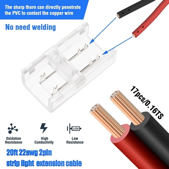 MHAWBL-2 Pin 8mm Cob LED Strip Light Connectors Kit, 10 Pack Solderless Cob Strip to Wire Quick Connection, Include 20feet 2-Pin Extension Cable