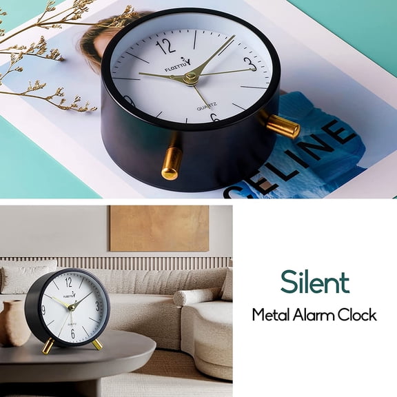 MHAWBL-4 inches Super Silent Alarm Clock, Classic Black Beep Wake Round Alarm Clock with Night Light,Battery Operated,Easy Set Entry Lux Stylefor Desk, Bedroom and Home Decoration