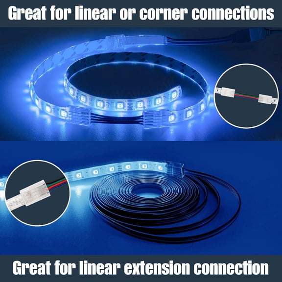 MHAWBL-4 pin LED Strip Light Connector 10 Pack Solderless Track Lighting Connectors and 16.4ft 22 Gauge LED Extension Cable for 10mm Wide 4pin 2835 5050 RGB Strip Lights