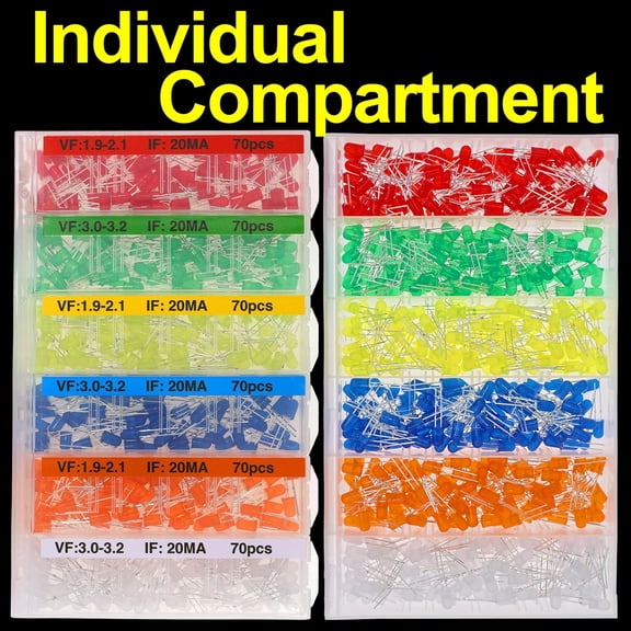 MHAWBL-420pcs 6 Colors 5mm LED Diode Assortment LED Light Kit Box Multi Colored mini LEDs White Red Yellow Orange Green Blue Light Emitting lamp diodes Components Parts ledlights Circuit