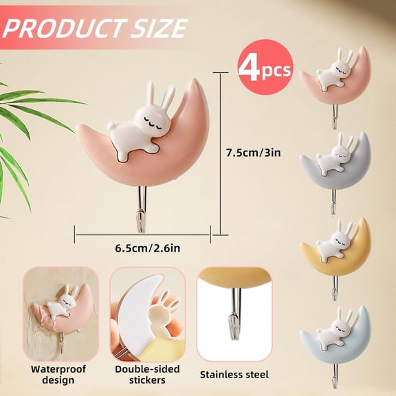 MHAWBL-4PCS Adhesive Coat Hooks Key Holders, Creative Adhesive Cute Rabbit Key Hooks, Home Storage Utility Wall Decorations for Easter Decoration, Punch Free (Rabbits-4 Colors)
