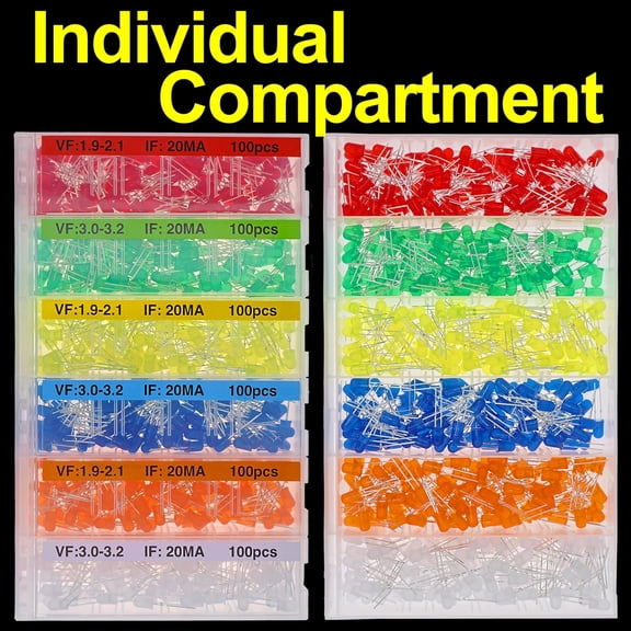 MHAWBL-600pcs 6 Colors 5mm LED Diode Assortment LED Light Kit Box Multi Colored mini LEDs White Red Yellow Orange Green Blue Light Emitting lamp diodes Components Parts ledlights Circuit