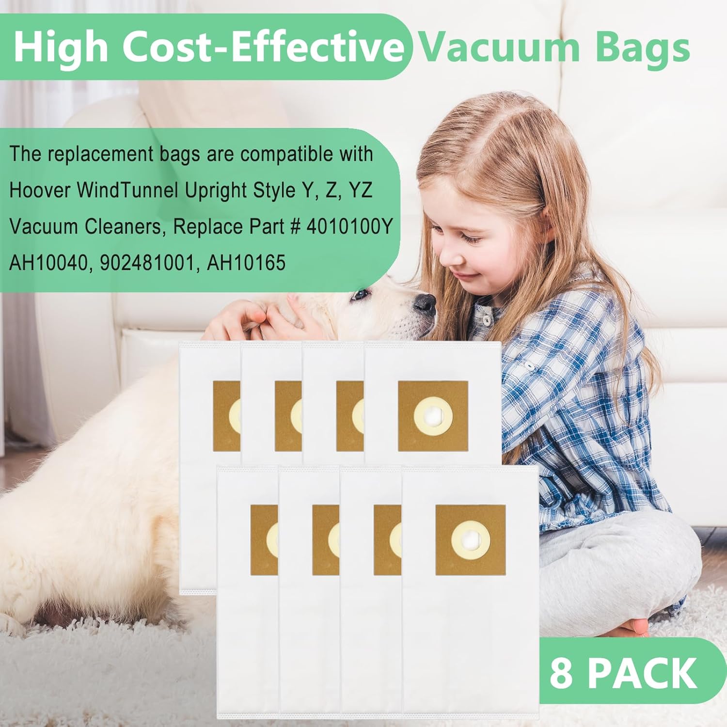 MHAWBL-8 Pack Type Y Vacuum Bags for Hoover WindTunnel Upright Style Y, Z, YZ Vacuum Cleaners, Replace Part 4010100Y For Hoover Vacuum Bags Refill