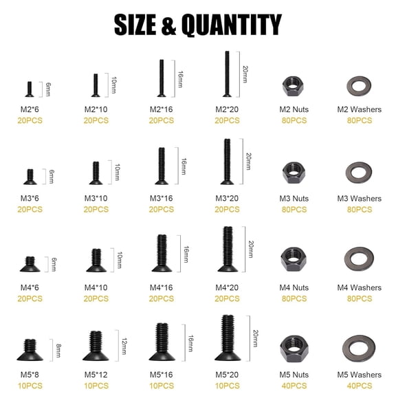 MHAWBL-840PCS Metric M2 M3 M4 M5 Hex Socket Flat Head Screws Bolts Nuts Washers Assortment Kit with Storage Box, 10.9 Grade Alloy Steel Metric Thread Hexagon Allen Machine Bolt, DIN 7991 with 4 Hex W