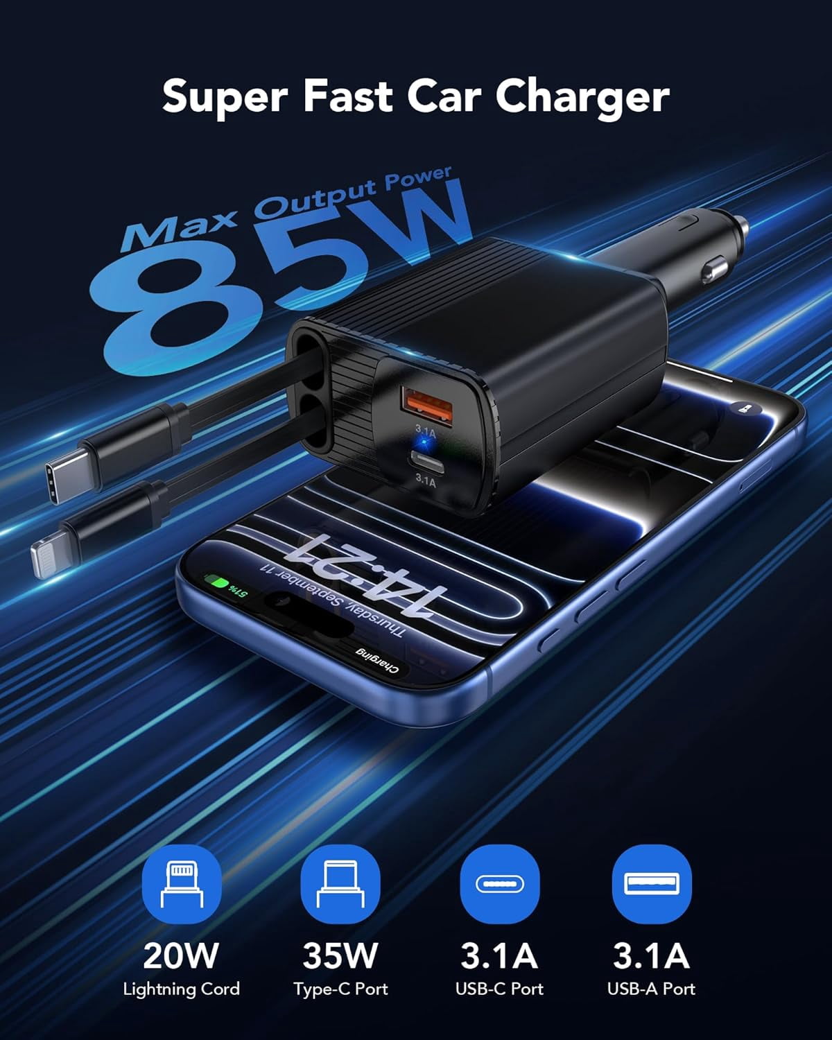 MHAWBL-85W Retractable Car Charger, 4-in-1 Fast Car Phone Charger with 2.6ft Two Retractable Cables and USB C+USB A Car Charging Block Cube, Compatible with iPhone 15 16 17 Pro Max Plus,Galaxy,Pixel(