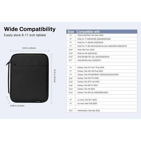 MHAWBL-9-11 Inch Tablet Sleeve Padded Carrying Case with Handle, Protective Travel Bag for iPad A16 11" 2025, iPad Air M4/Pro M5 11", iPad 10th Gen 10.9", iPad 10.2", Galaxy Tab A11+ 11", Black