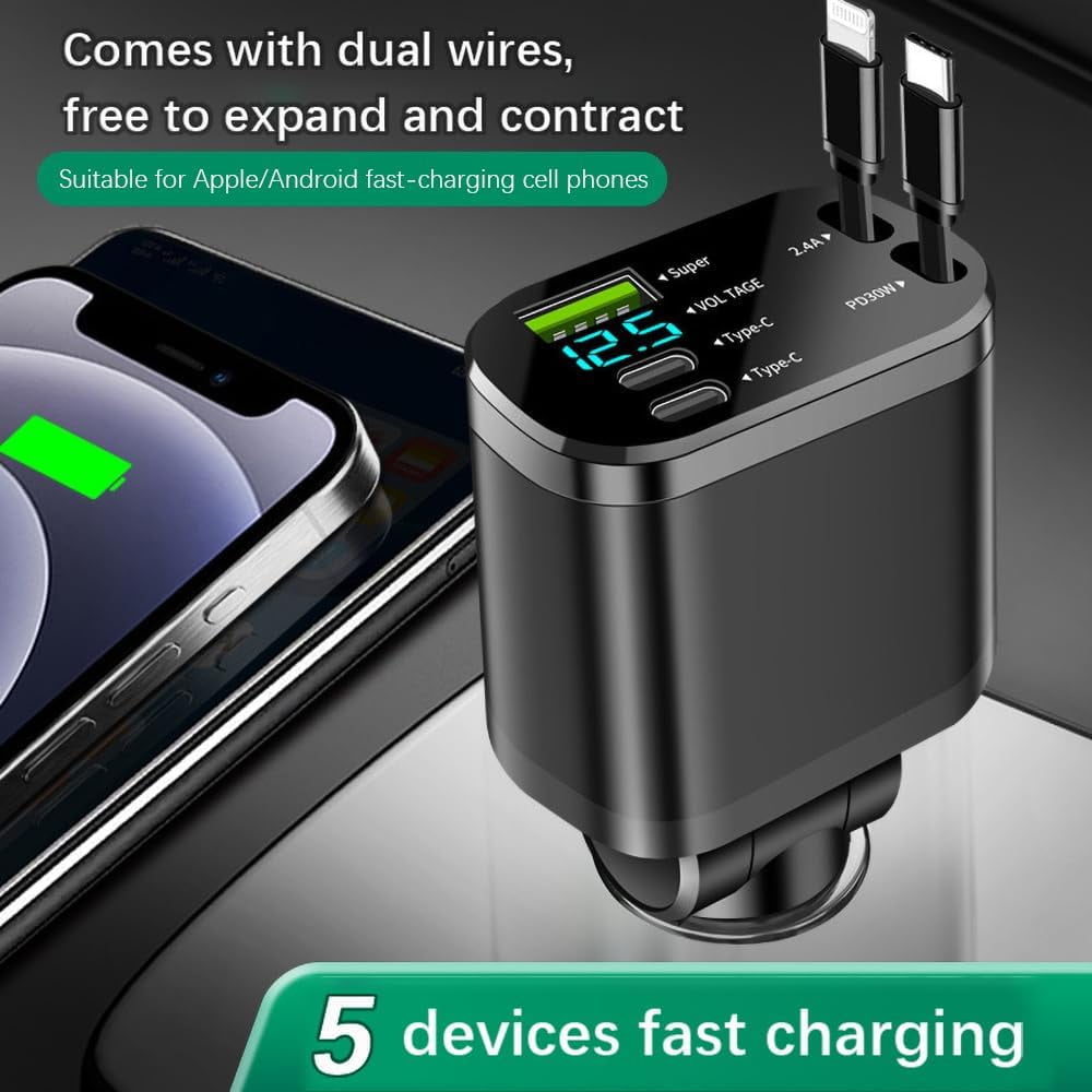 MHAWBL-90W Multi-Port Car Charger with Voltage Detection, Super USB-A +2C Fast Charging with Cable L2.4A +PD30W Retractable Cable for iPhone15/16, Compatible with iPhone/Samsung/Android/iPad and More