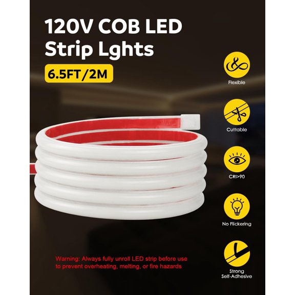 MHAWBL-COB LED Strip Light 110V 120V 6FT LED Light Strip Warm White 3000K with Self-Adhesive Super Bright 576LEDs Flexible Rope Lights for Kitchen Cabinets Closet DIY Lighting Project CRI90+ IP67