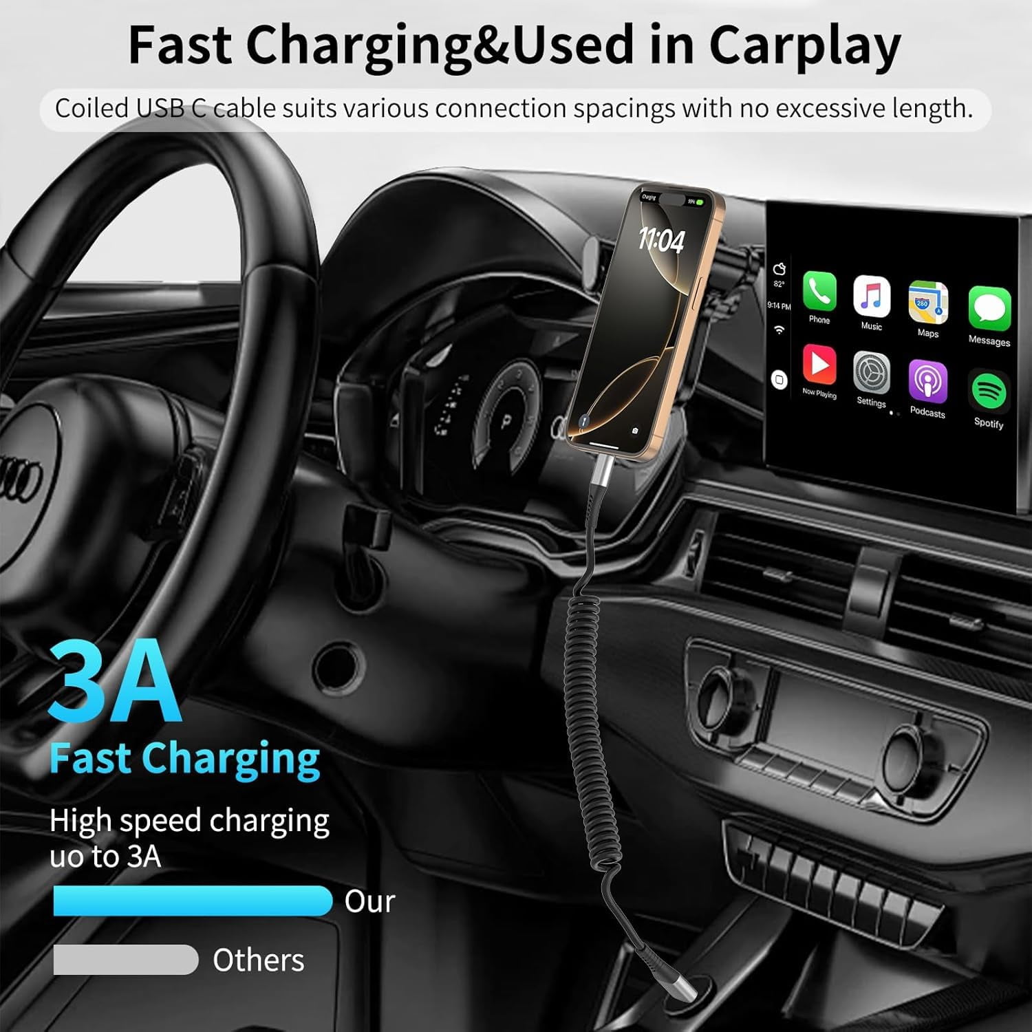 MHAWBL-Coiled Carplay Car Charger, 2Pack 3ft USB A to USB C Car Cable for Android Auto CarPlay, Fast Charging Coiled USB C Cable for iPhone 17 16 15 Samsung Galaxy S25 S24 S23