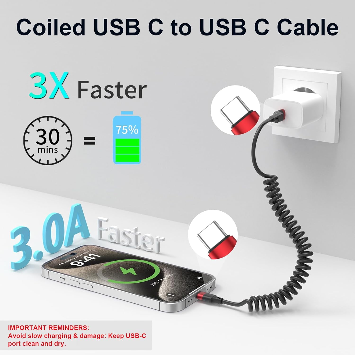 MHAWBL-Coiled USB C to USB C Cable, 2 Pack 3FT USB C Charger Cord for Car, USBC to USBC Coiled Cable Fast Charging for iPhone 17/16/15 Plus/Pro Max, Samsung Galaxy S25 S24 S23 Ultra, Pixel 10 9